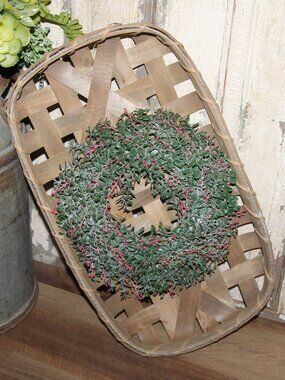 NEW Large 21" French Country Farmhouse Tobacco Wall Basket with Baby Leaf Wreath